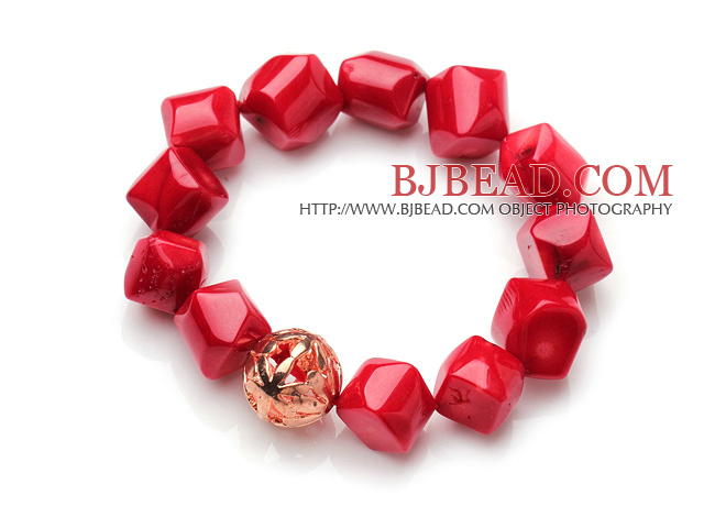 Hipanema Irregular Shape Red Coral Elastic Bracelet With Golden Ball
