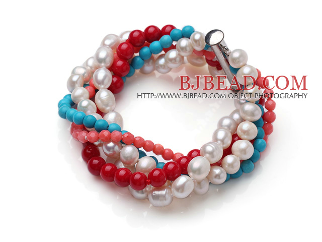 Amazing Multi Strand Twisted Natural White Pearl Red Coral Blue Turquoise Beads Bracelet