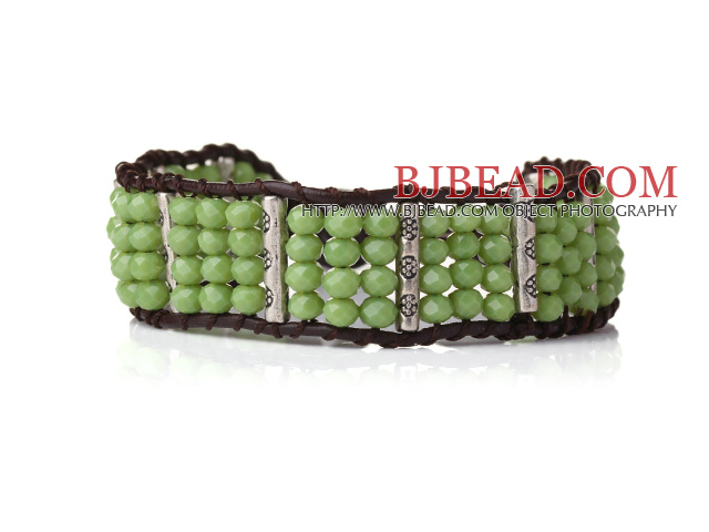 Beautiful Green Jade-like Crystal Bangle Braceelt with Dark Brown Leather