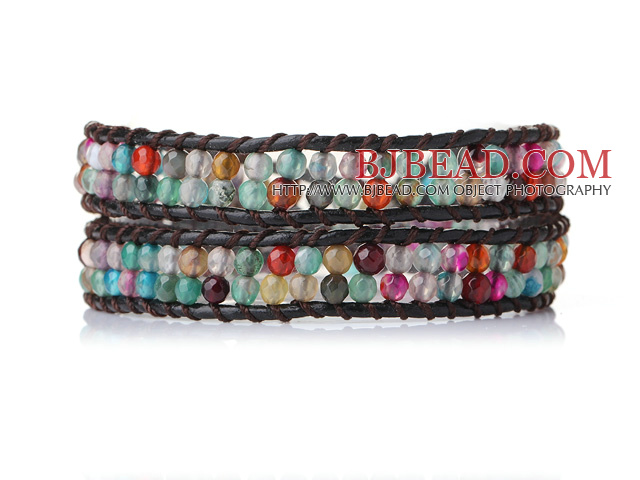 Beautiful Multi Color Faceted Agate Leather Bangle Bracelet
