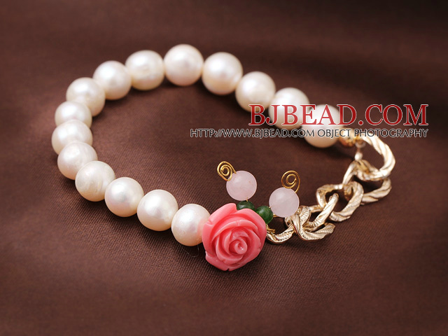 Elegant Natural Freshwater Pearl Elastic Bracelet With Rose Quartz and Acrylic Flower Charm