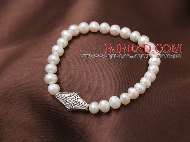 6-7mm Natural Freshwater Pearl Elastic Bracelet With Rhombus Shape Charm
