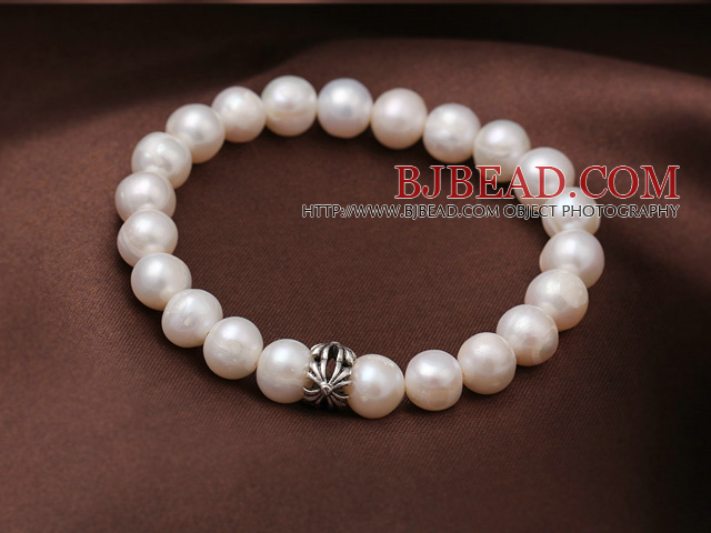 8-9mm Natural Freshwater Pearl Elastic Bracelet With Flower Shape Charm