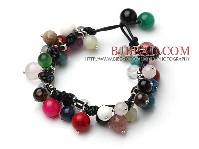 Summer Fashion Multi Color Multi Stone Beads Black Leather Bracelet