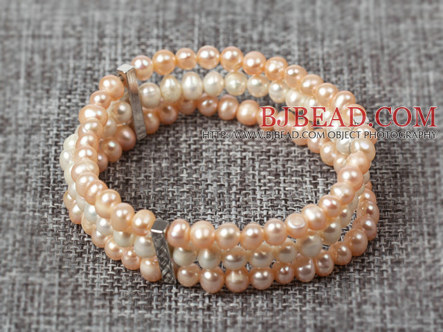 Three Layer 5-6mm Natual Pink and White Freshwater Pearl Stretch Bangle Bracelet