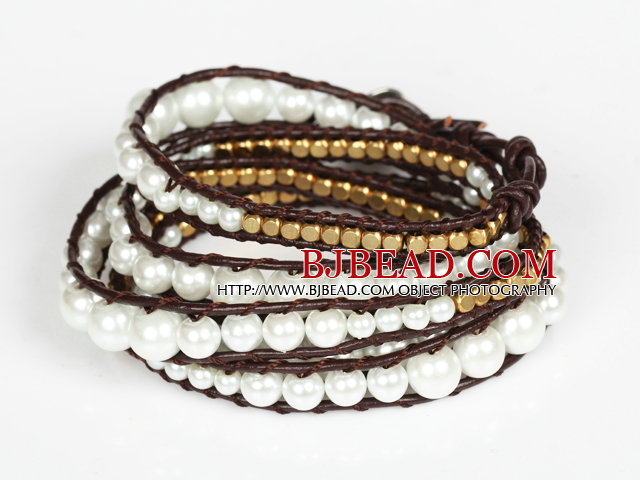 Immitation Pearl and Copper Beads Wrap Bangle Bracelet