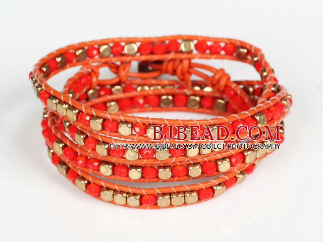 Red Crystal and Copper Beads Four Times Wrap Bangle Bracelet