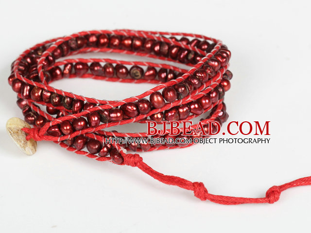 3-4mm Wine Red Pearl Beads Three Times Wrap Bangle Bracelet with Shell Clasp