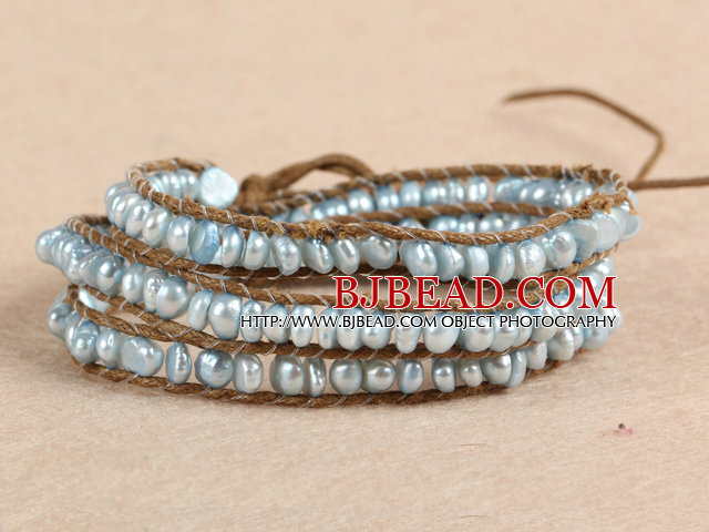 3-4mm Light Green Pearl Beads Three Times Wrap Bangle Bracelet with Shell Clasp