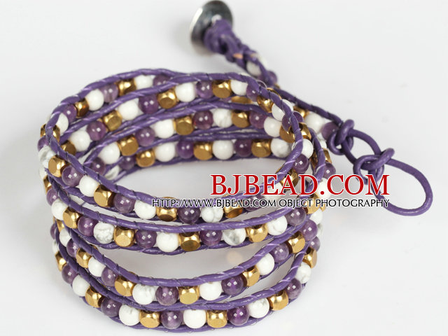 Amethyst and White Porcelain Stone and Copper Beads Wrap Bangle Bracelet