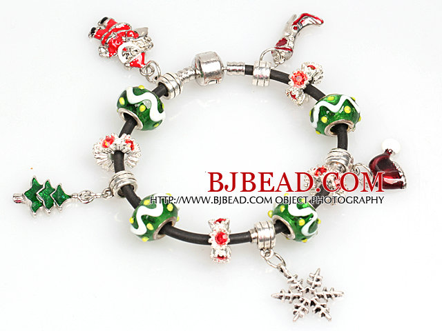 Fashion Style Christmas Charm Bracelet with Black Leather