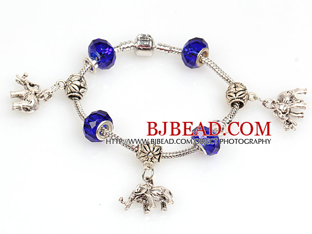 Fashion Style Dark Blue Colored Glaze Charm Bracelet with Elephant Pendant