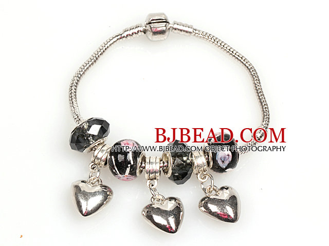 Fashion Style Black Colored Glaze Charm Bracelet with Heart Shart Alloy Pendant