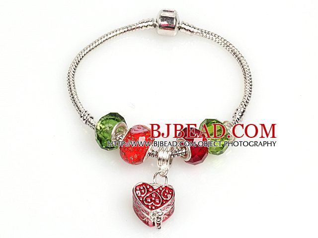 Fashion Style Red and Green Colored Glaze Charm Bracelet with Heart Shape Wish Box Pendant