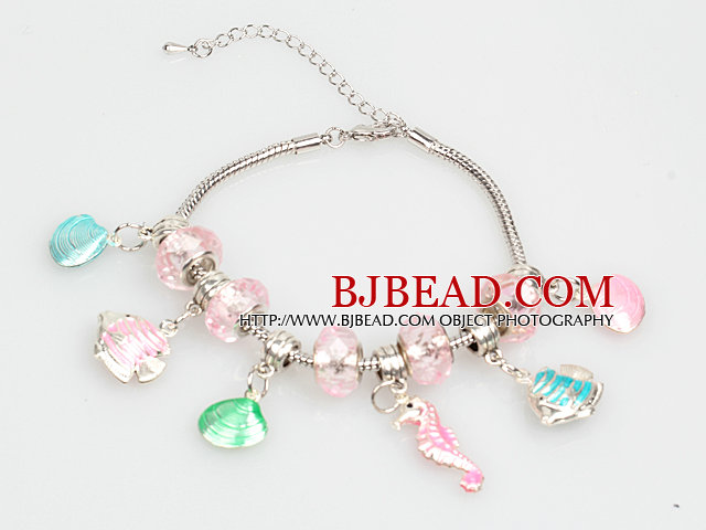 Fashion Style Pink Colored Glaze Charm Bracelet with Shell and Fish Pendant