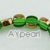 Glass Beads strand, green, golden plated, 8mm flat round. Sold per 13.8-inch strand.