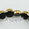 Glass Beads strand, black, golden plated, 8mm flat round. Sold per 13.8-inch strand.